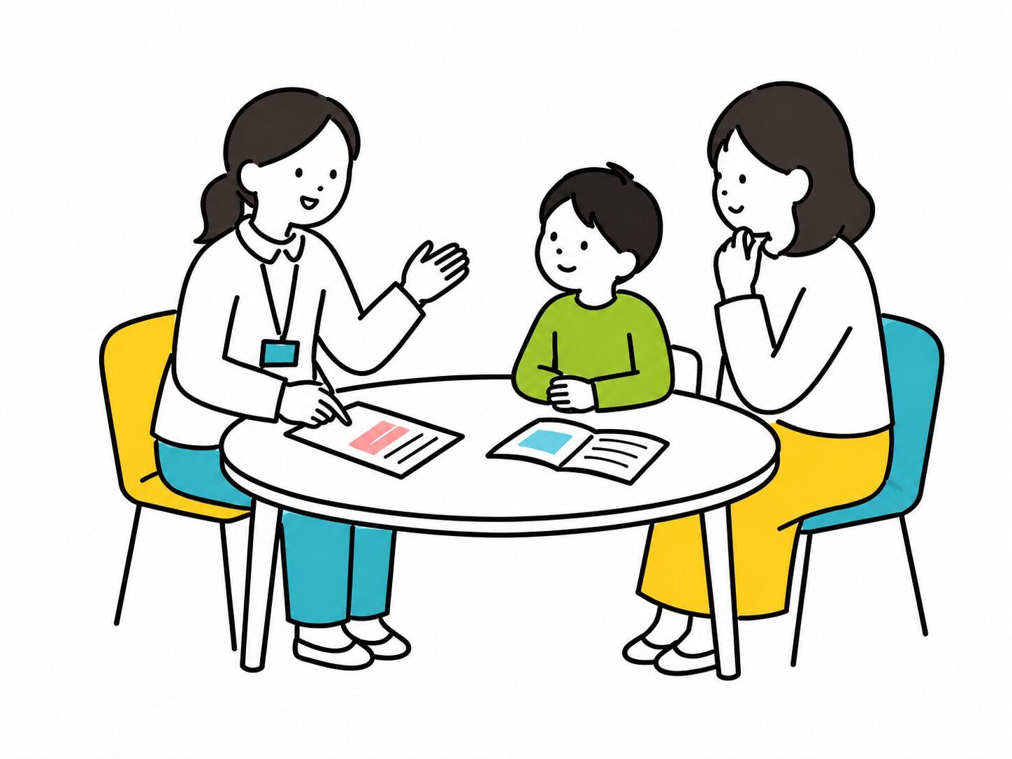 相談員と親子がテーブルで話しているイラスト