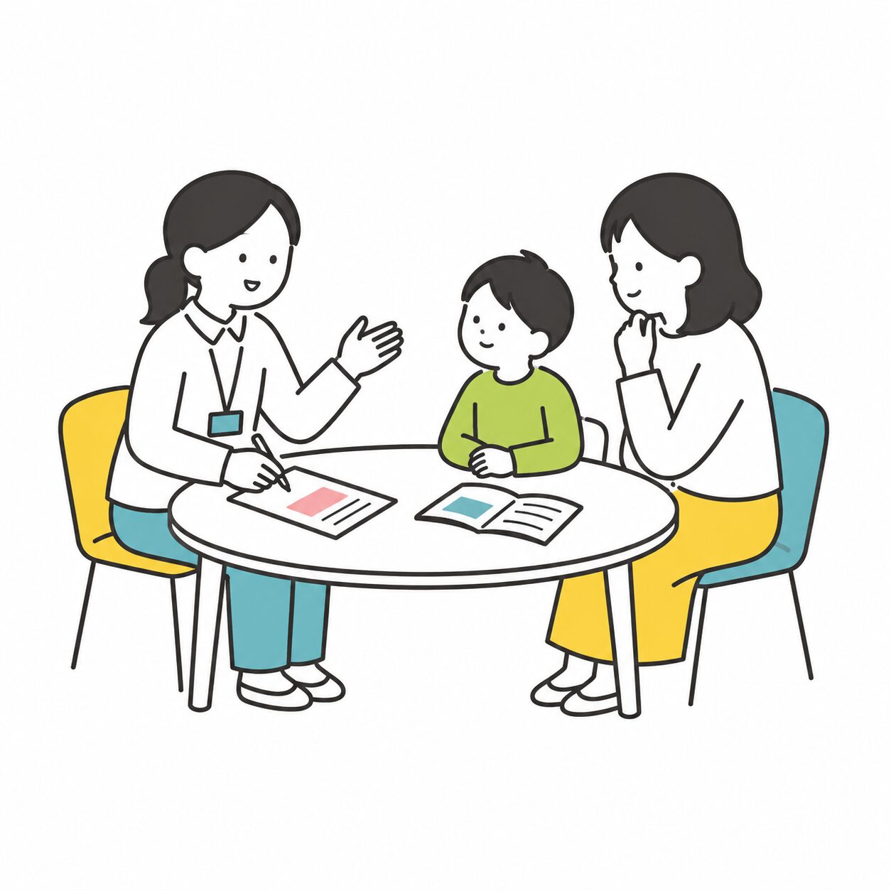 親子と相談員が学習相談をしているイラスト